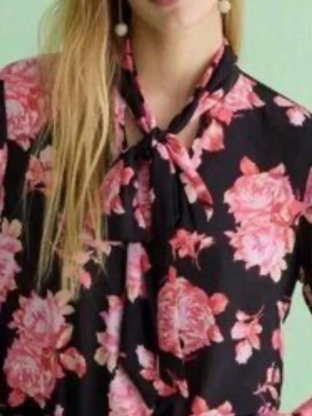 J.Crew Black And Pink Rose Floral Bow Blouse Extra Large